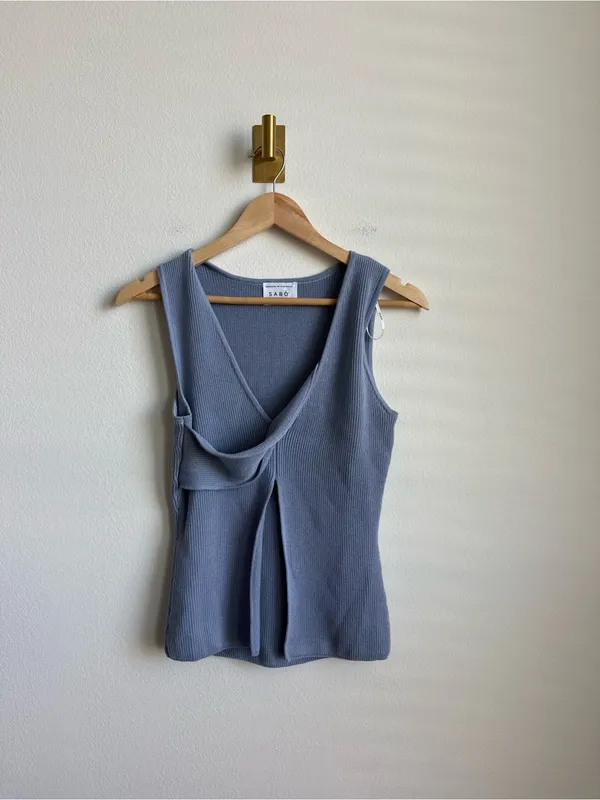SABO Slate Blue Ribbed Knit Top Deep V Crossover Sleeveless Open Front Size S - Image 2