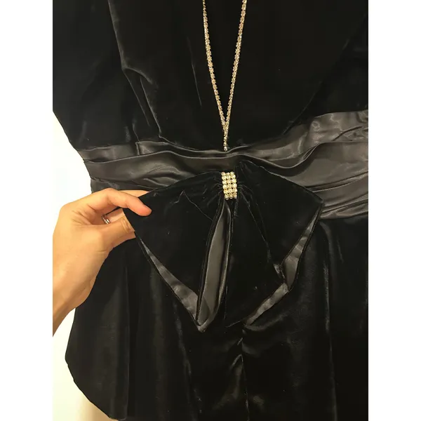 Vintage Night Way Black Velvet Peplum Dress Rhinestone Bow Halter 80s Glam 12 - Image 12
