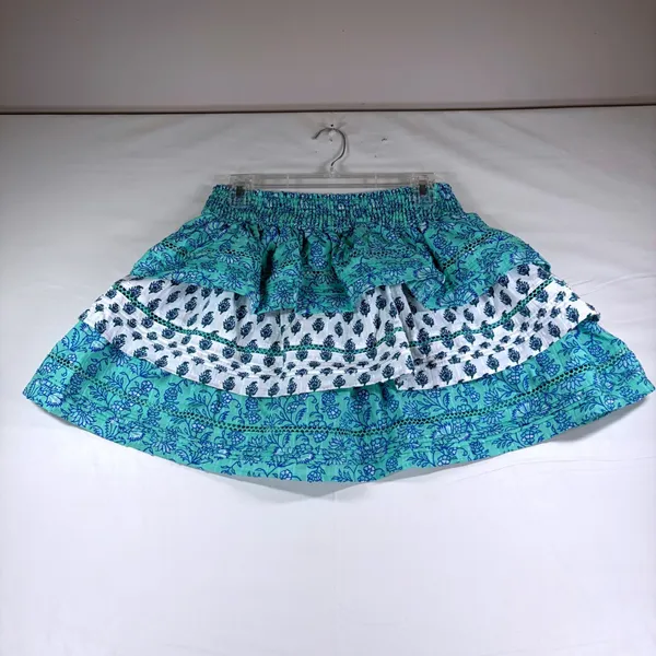 Roller Rabbit Teal Green Floral Block Print Tiered Cotton Mini Skirt Small - Image 2