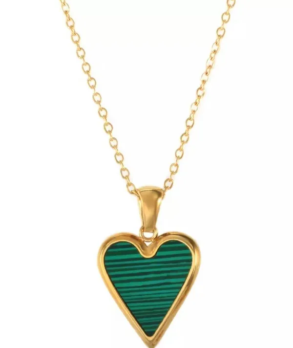 Stainless Steel Malachite Heart Pendant Necklace - Image 4