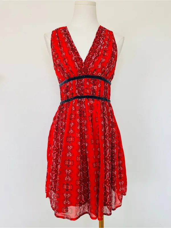 Abercrombie & Fitch Red Paisley Boho Mini Dress with Velvet Trim size medium - Image 2