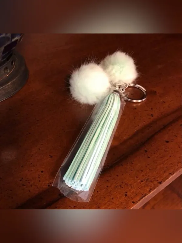 Mint Green Faux Fur Pom Pom Tassel Keychain | Double Pom Bag Charm - Image 2