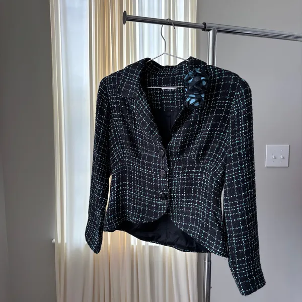 Y2K Tweed Blazer S Blue Plaid Floral Lapel Rosette Office Siren Whimsy Rom Com - Image 9