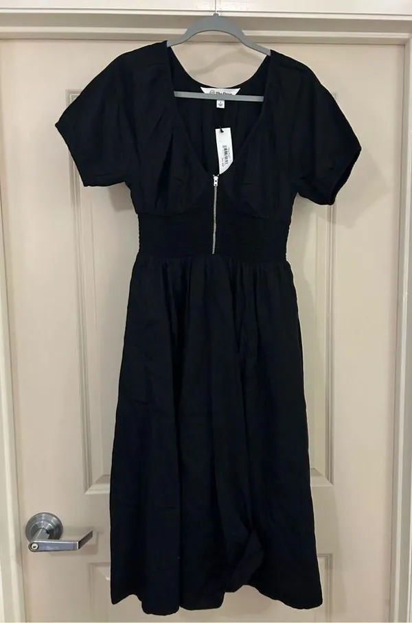 NEW Black The Drop Daksha Cotton Smocked Zipper Detail Dress XS - Image 4