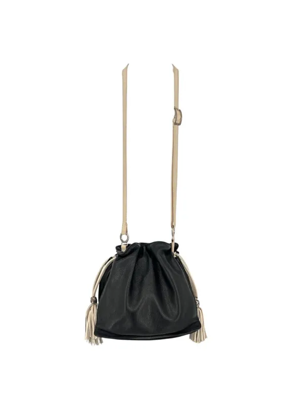 Brighton Boho Western Bucket Slouch Bag Leather Black White Tassel Silver Charms - Image 6