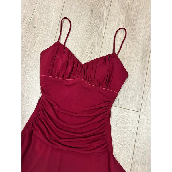 Papaya Burgundy Ruched Bodycon Mini‎ Dress Side Ruffle Spaghetti Strap Red Small - Image 5