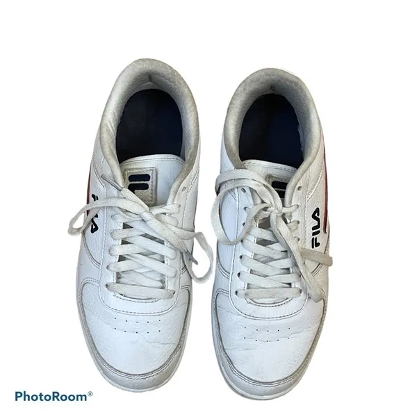 FILA Women’s White Retro Court Sneakers Size 9 Red Navy Stripe Leather Low Top - Image 6