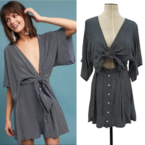 Faithfull the Brand Vinci Tie-Front Dress Cut Out Striped‎ Navy Blue Size US 6 - Image 2