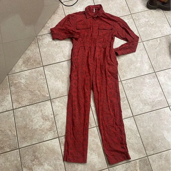 Free People Set The Tone Eyelet Long Sleeve Jumpsuit Terracotta Red Women's Sz 4 - Image 15