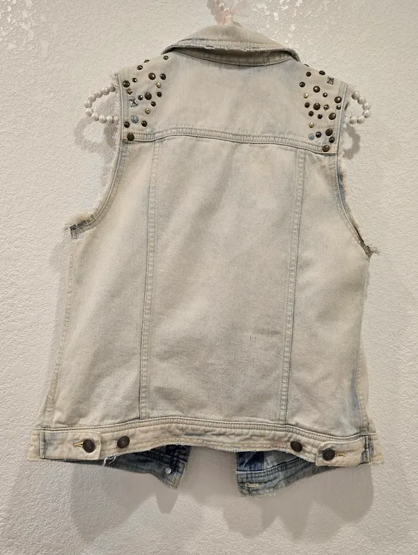 Free People Studded Grunge Distressed Denim Vest Acid Wash S - Image 3