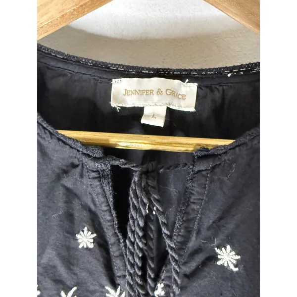 Jennifer & Grace Black Embroidered Cotton Peasant Blouse Balloon Sleeve Large - Image 3