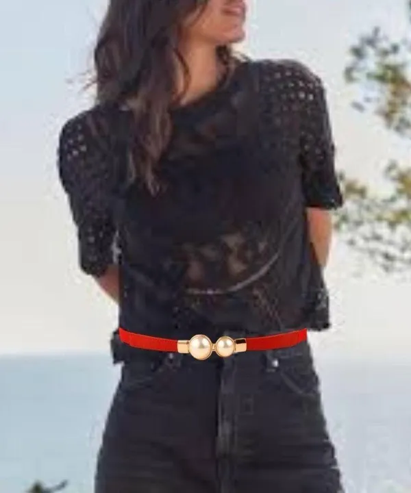 Red & gold pearl‎ belt Imitation Pearl Pair Buckle Thin Belt Monochrome Elastic - Image 4