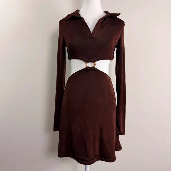 Peppermayo‎ Crowd Control Mini Dress Brown Cutout O-Ring Long Sleeve US 4 NEW - Image 4