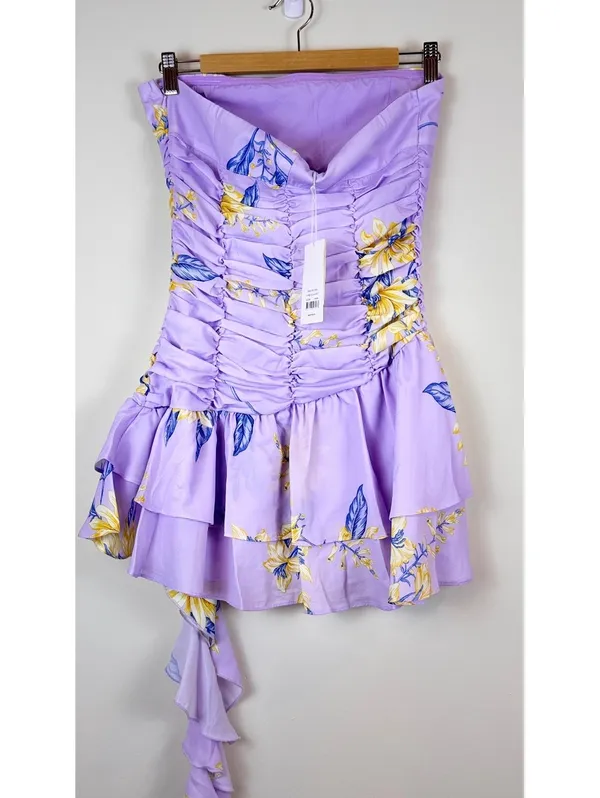 Peppermayo Viviana Mini Dress Lavender Floral Ruched Strapless Ruffle US 6 - Image 11