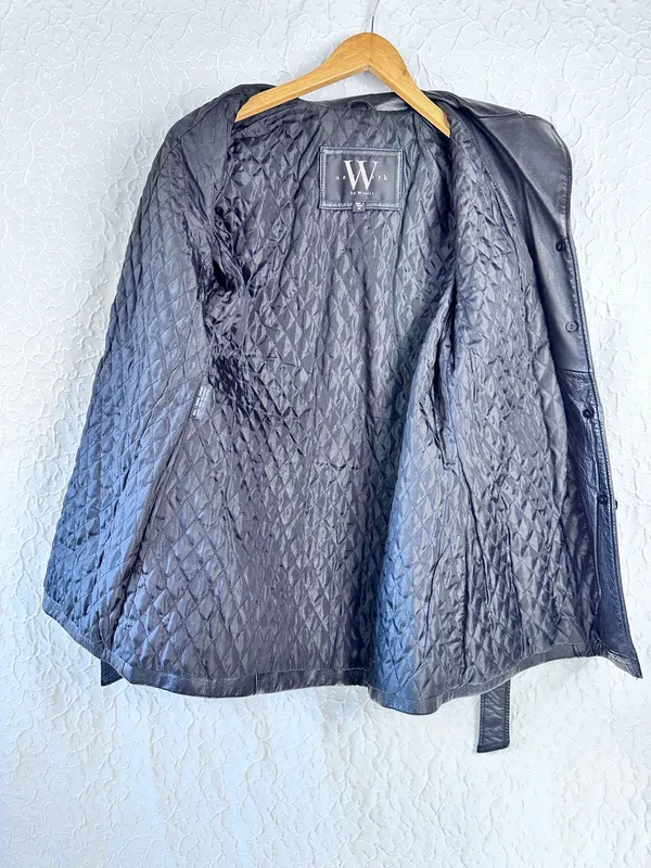 Winlit Vintage Leather Women's Jackets Size M Soft Black Warm Trench Coat Belt - Image 9