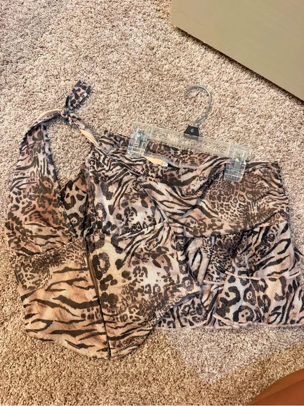 Animal Print Ruched Halter Mini Skirt set Beige - Image 3