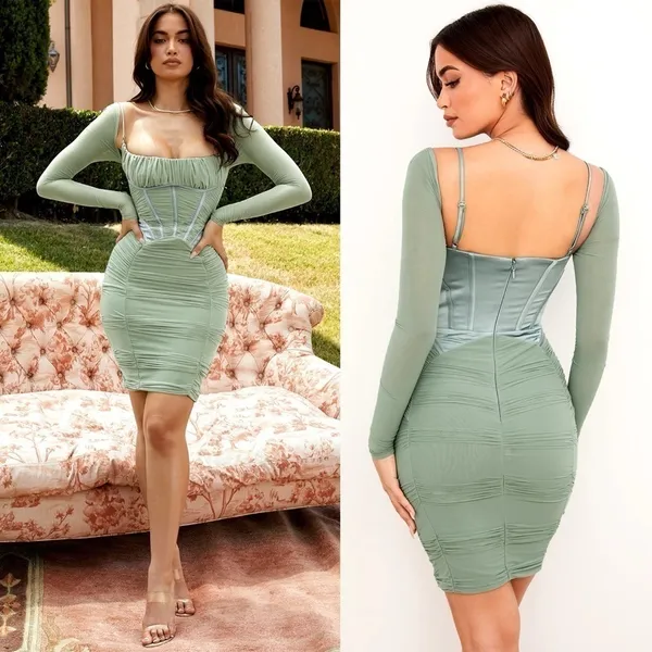 House Of CB Dress Freyja Gathered Corset Ruched Satin Mesh Knee Green‎ Small EUC - Image 10