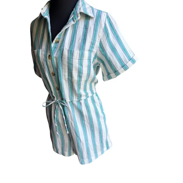 Old Navy XS Petite Coastal Stripe Cotton Romper Blue Green Drawstring Pockets - Image 2