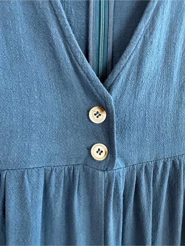 Natural Life Avery Blue Wide Leg Jumpsuit L/XL Rayon Linen Boho Cottage Empire - Image 3