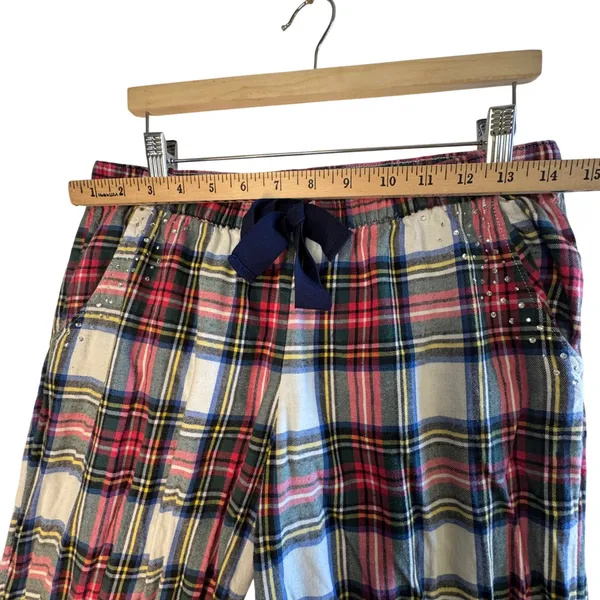 Aerie Women Medium Plaid Flannel Pajama Pants Rhinestone Accent Navy‎ Drawstring - Image 5