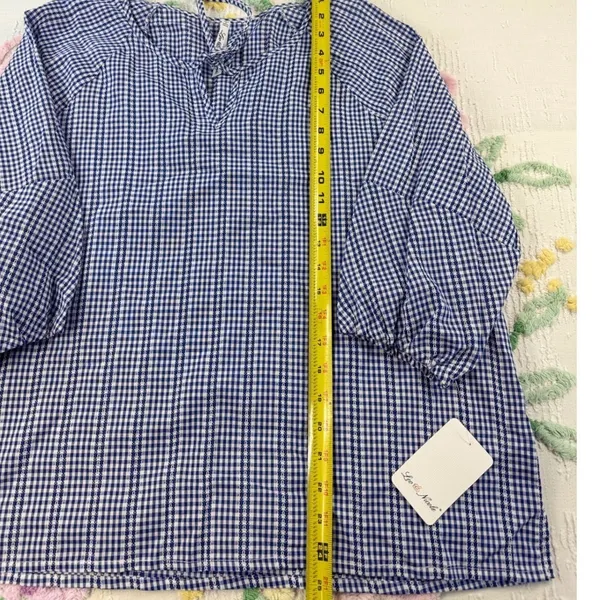 Blue White Gingham Tie Neck 3/4 Sleeve Blouse Shirt‎ Women's Plus Size XL - Image 4