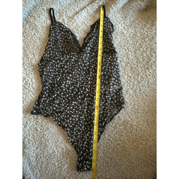 Revamped Bodysuit Teddy Black Gray Floral Thong Lace Trim Sheer Size Small NWOT - Image 8