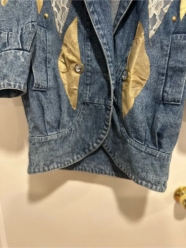 VTG 80s AFSY SzS Loose embellished denim coat gold metallic appliqué lace bead. - Image 13