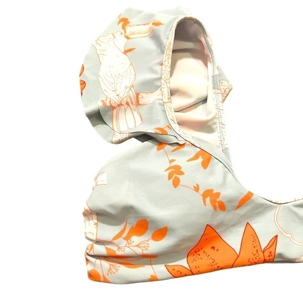 Womens Size Medium Bikini Top Light Blue White Orange Floral Birds Ruffle Straps - Image 2
