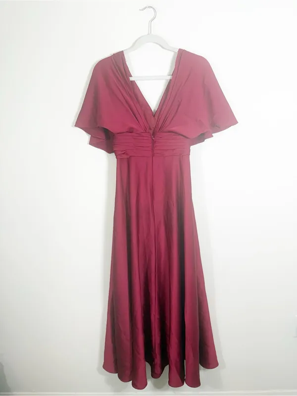 Azazie Pamela Burgundy Red A-Line Pleated Stretch Satin Dress - Image 7