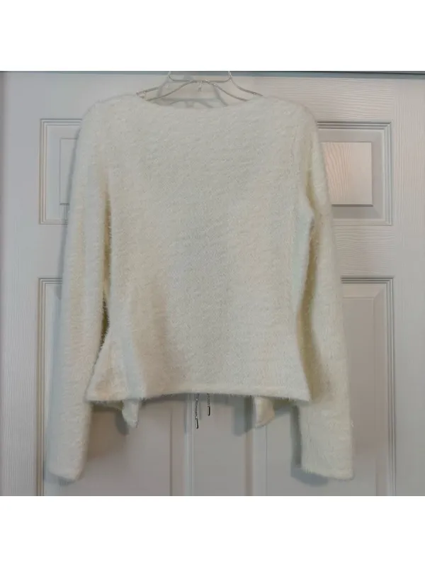 Women's White Fuzzy Cardigan Size M Silver Rhinestone Sparkle Bow Tie - Image 2