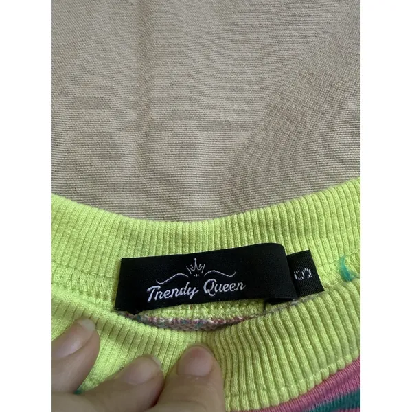 Trendy Queen Pink And Teal Striped Crew Neck Sweatshirt Women's Size S - Image 8