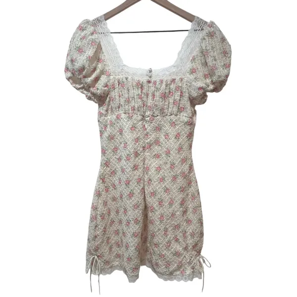 For Love & Lemons Maxine Mini Dress Small White Pink Floral Cottagecore Romantic - Image 7