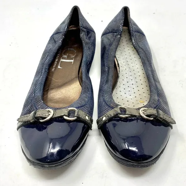AGL Ballerina Flat‎ Shoes Cap Toe Metallic Patent Leather Navy Blue Size 8.5 - Image 3