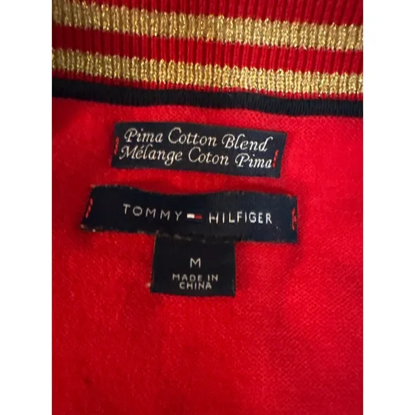 Vintage Tommy Hilfiger Red V Neck Sweater Gold Trim Pima Cotton‎ Blend Size M - Image 2