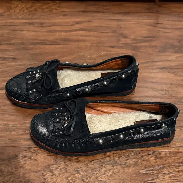 Coach Black Metallic Suede Fringe Roccasin Slip On Moccasin‎ Y2K Charms - Image 3