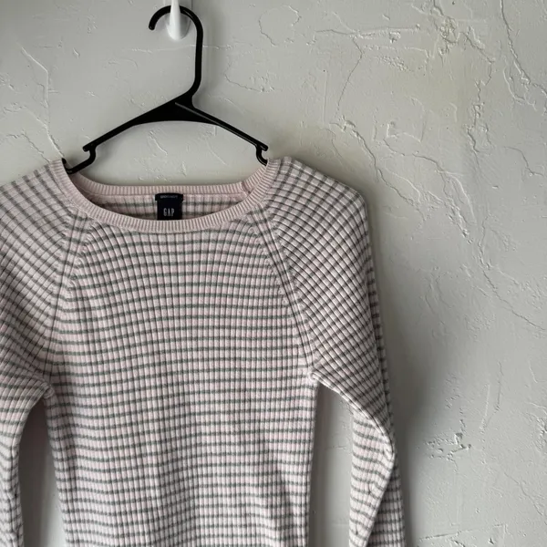 Gap Sweater Y2k‎ Large Pink Gray Striped Stretch Crewneck Long Sleeve Pullover - Image 2