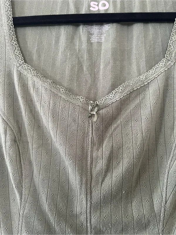 SO Sage Green Pointelle Lace trip Baby Tee Coquette XL Cottagecore - Image 3