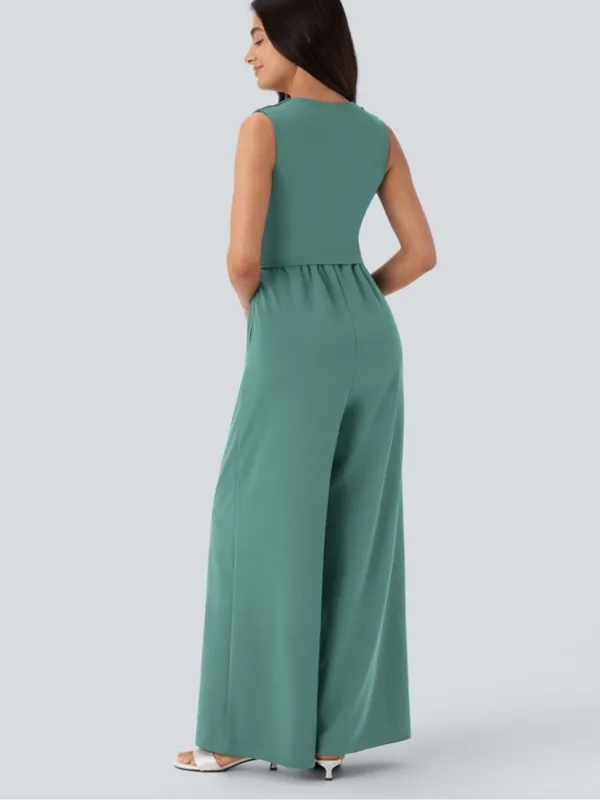 NWOT Halara Green V Neck Sleeveless Ruched Pocket Jumpsuit-Easy Peezy - Image 2