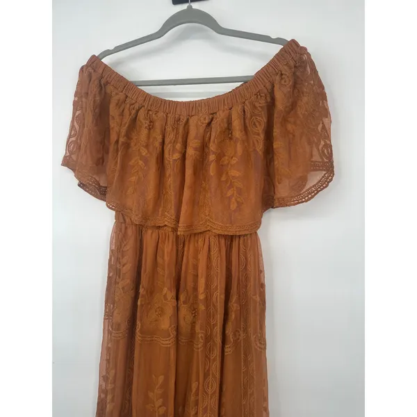 Dress Day Maxi Dress Womens M Copper Brown Lace Off Shoulder Boho Romantic - Image 10