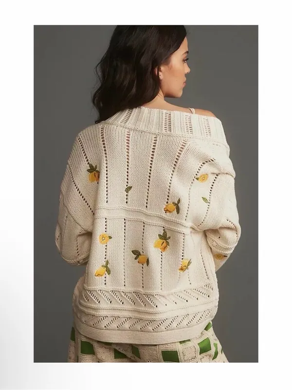 Maeve Lemon Embroidered Chunky Knit Open Sweater White Cream Women's Size Medium - Image 3