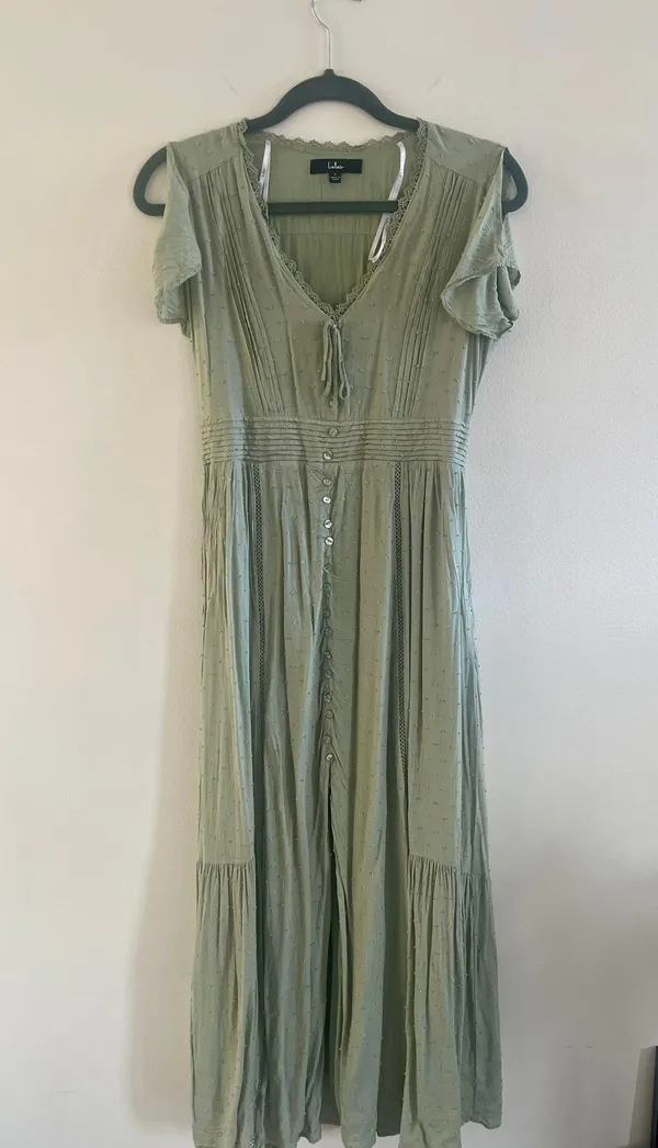 Lulus Completely In Love Sage Green Swiss Dot Button-Front Maxi Dress - Image 5