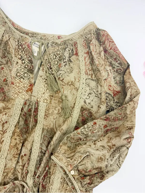 Denim & Supply Ralph Lauren Corduroy Peasant Dress Lace Trim Floral Botanical - Image 7