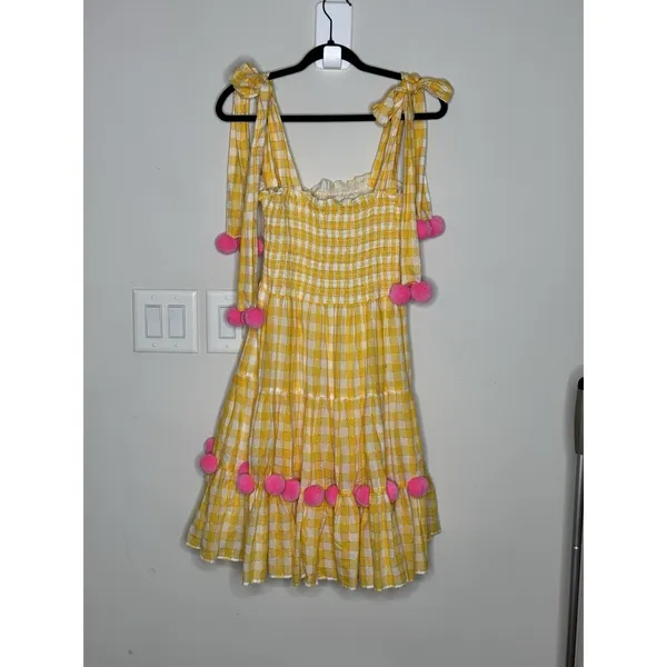Sundress Pippa Dress Women's M/Large Yellow Gingham Check Pom Pom Boho Revolve - Image 4