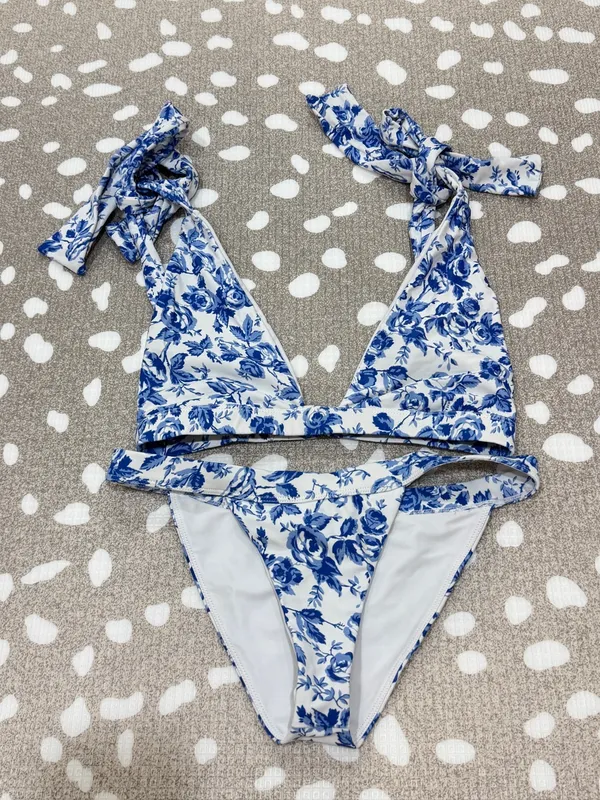 Lovers + Friends Bikini set Take Me Away tie triangle top Bottoms French Floral - Image 9