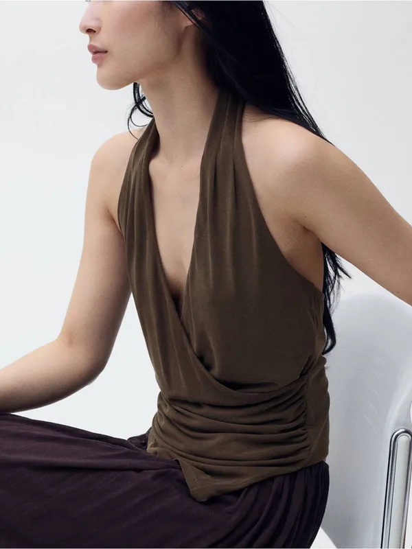 MANGO MNG - NWT Sleeveless Halter Wrap Top asymmetrical hem Brown - Image 4