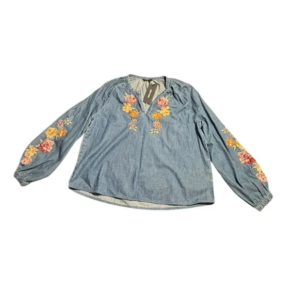 Driftwood Jeans Chambray Top Embroidered Long Sleve floral denim blue Portofino - Image 3