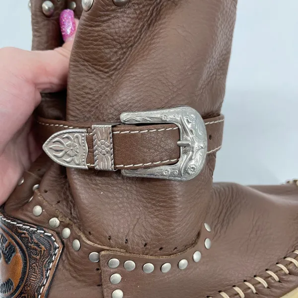 Hector Riccione Made in Italy Leather Studded Buckle Western Boots Brown Size‎ 7 - Image 4