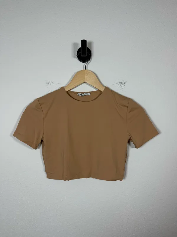 Zara Cropped Fitted Short Sleeve Tee Tan Stretch Top Size M - Image 2