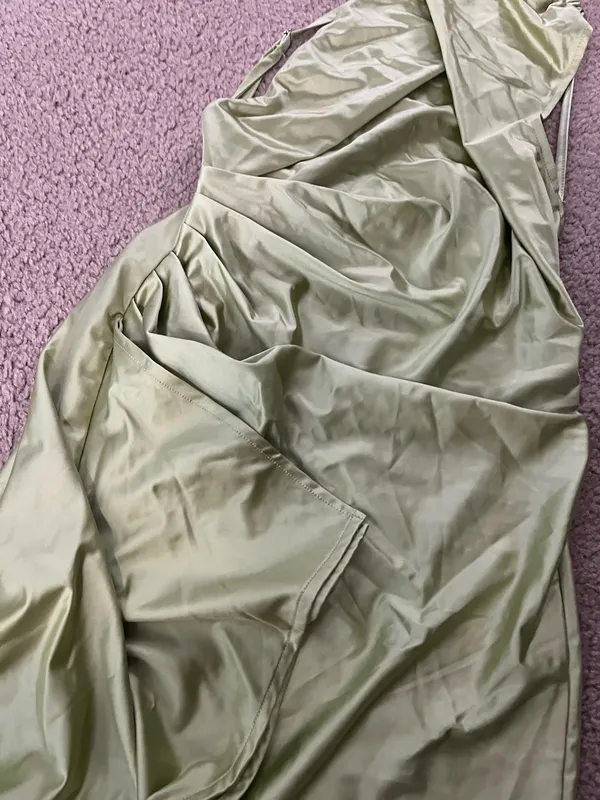 One Shoulder Satin Dress Green - Image 3
