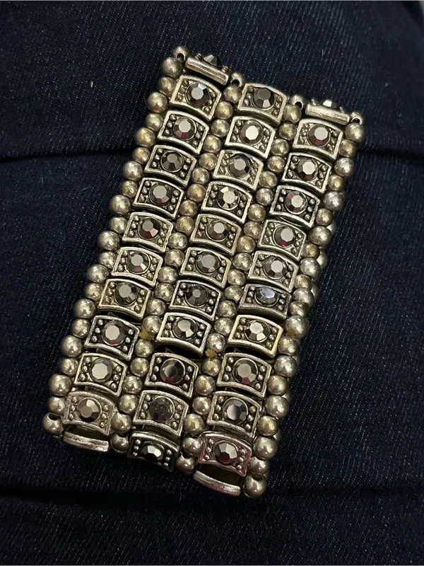 Silver Tone Hematite Rhinestone Wide Stretch Cuff Bracelet - Image 3